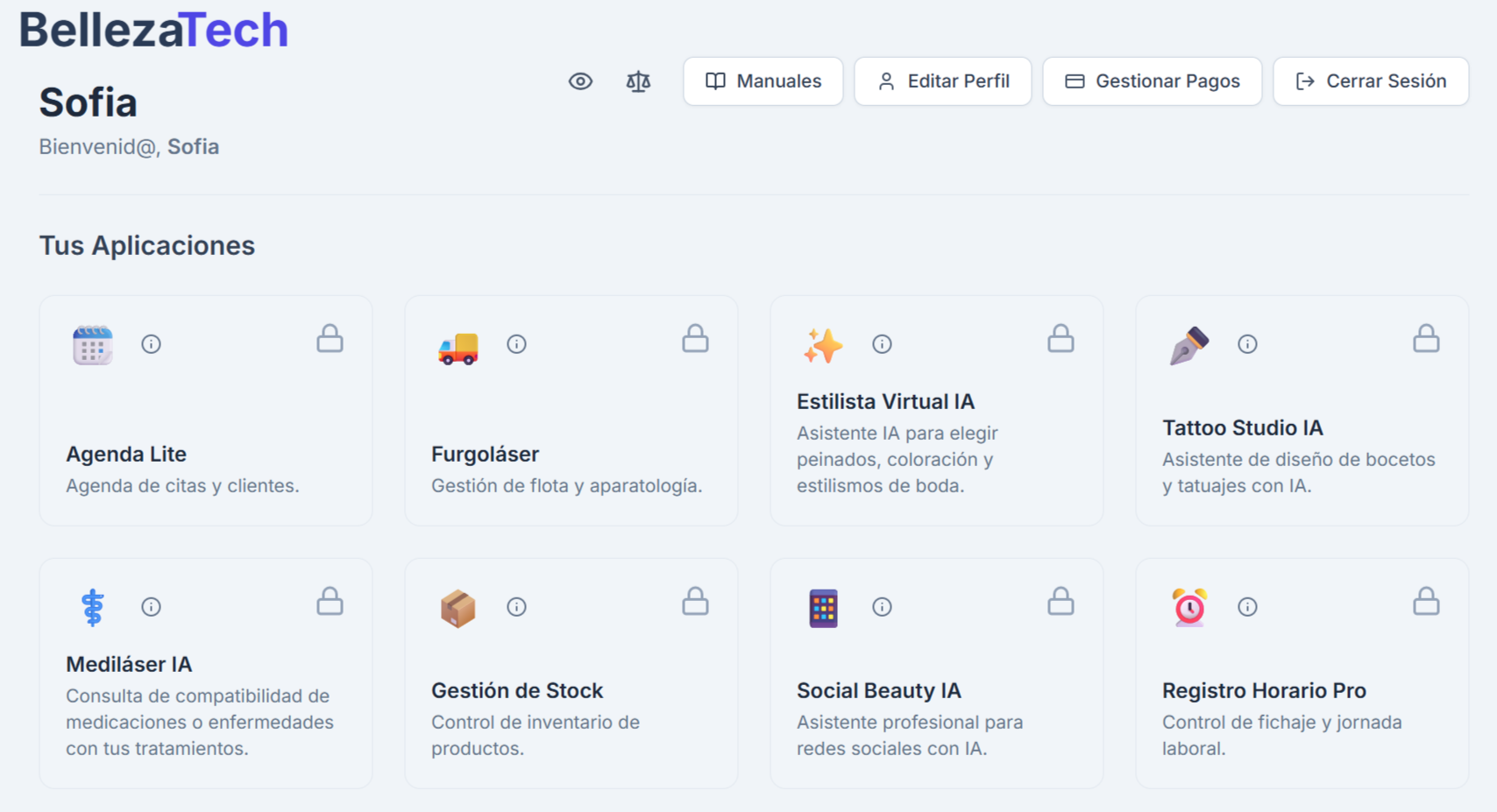 Captura del dashboard de BellezaTech con todas las aplicaciones SaaS